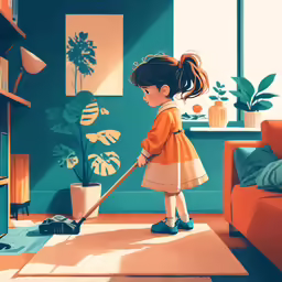 painting of a girl holding a mop in the sun