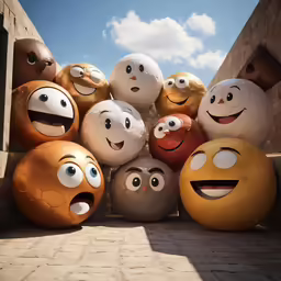 a large group of ball shaped smiley faces