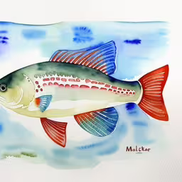 a painting of a fish floating on blue water