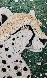 a fake cheetah has holes in it and is laying on the grass
