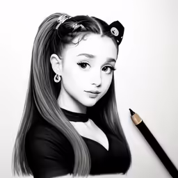 a drawing of an asian girl with long hair and wearing earrings and holding a pencil