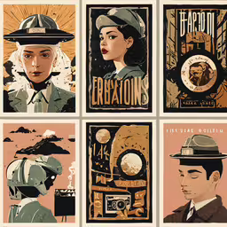some type of propaganda art with four people on it,four propaganda images of people wearing hats
