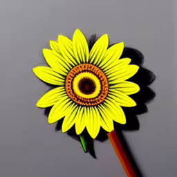 a yellow flower with an orange center on top of a grey wall