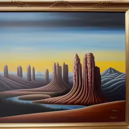 a painting depicting rocks and desert landscape,painting with a lot of layers and color,this is a painting on the wall in the room,a painting by a very talented professional artist in his studio,a painting with mountains and desert scenery under cloudy skies