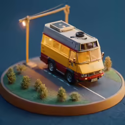 a toy bus driving on the road and a person walking up the ramp