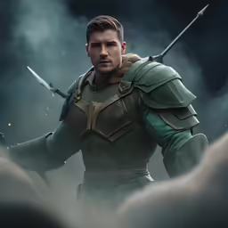 a man in armor standing over fog