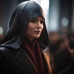 the woman in the nun nun outfit looks straight ahead