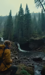 a girl in a jacket sitting on the rocks near a river