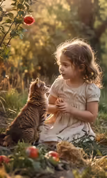 young girl and cat sitting in a field by a rose bush