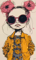 a drawing of a girl with pink sunglasses and flowers in her hair
