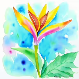 the colorful flower is in full bloom,watercolor painting with a branch and two colorful flowers