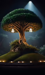 the large tree with two lights stands in the dark
