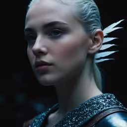 a woman with some white feathers on her head