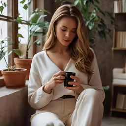 a young woman holding a camera sitting in front of a plant