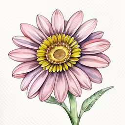 a drawing of a purple and yellow flower,a drawing of a purple flower with green leaves