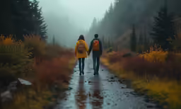 two people walking in the rain with backpacks