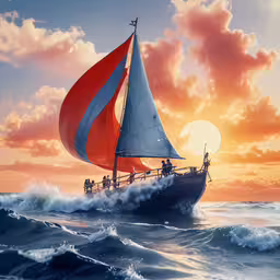 a sail boat with orange and white sails floating on waves as the sun sets in the distance,a painting of a boat with sails in the water, and people on it