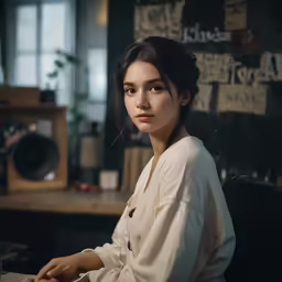 a woman sits in an office at a desk