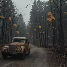 an old truck parked in the middle of a leafy forest