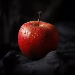 an apple with water drops sitting on top of it