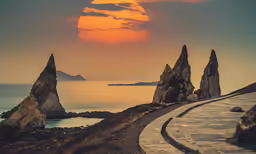 the sun sets over a sea with rocky shoreline