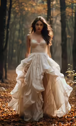 a woman is dressed in a dress and posing in the leaves