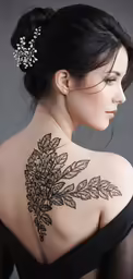 a woman wearing a floral tattoo on her back