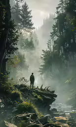 man standing on a bridge above a creek in the woods
