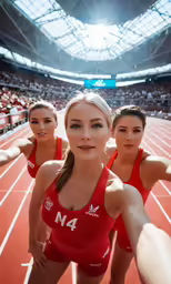 two women are posing for a photo on a stadium track