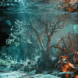 there is an underwater scene with a tree and rocks in it