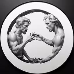 a circular mirror has two men touching hands
