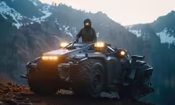 man in black gear sitting on top of an off - road vehicle