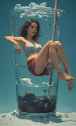 a woman sitting in a glass under water