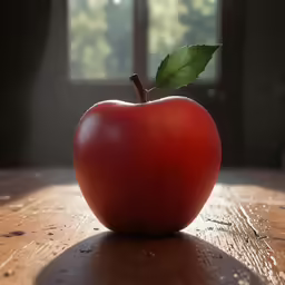 an apple sitting on top of a wooden table
