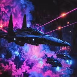 many different colored clouds around a large space ship