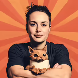 a woman with arms crossed holding an orange cat