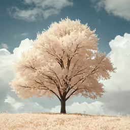 a lone tree standing on a hill with a blue sky in the background