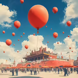 people are walking around the square with many orange balloons