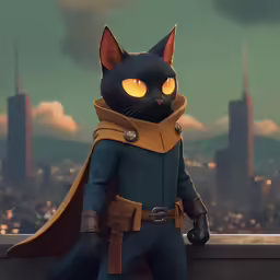 black cat dressed up with cape and yellow eyes