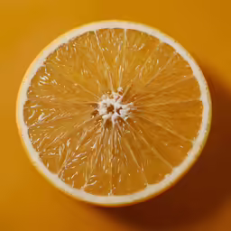 a big sliced orange on a yellow table