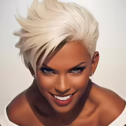 a woman with white hair, short, and a smile