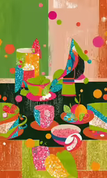an abstract painting of food and drinks