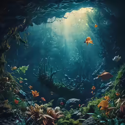 a painting shows an underwater view of a colorful coral reef