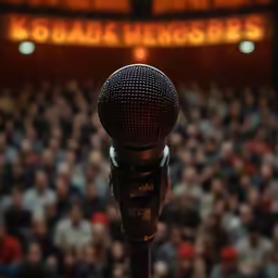 a microphone with a stand up mic stands on a stage in front of an audience