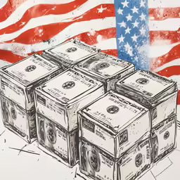 dollar bills with american flag in background