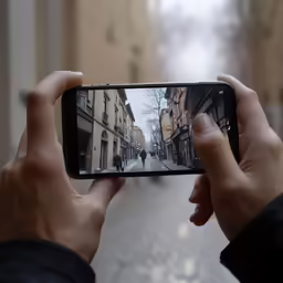 there is someone taking a photo of a street and buildings