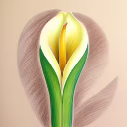 colored drawing of a flower with two leaves on top,a flower drawn by a colored pencil on a white paper,the flower is painted with pastel markers,a drawing of a yellow flower with green tips,a colored drawing of a flower on the floor