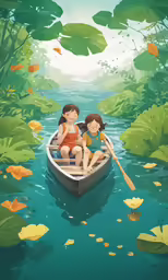 three girls sitting in a boat on a river