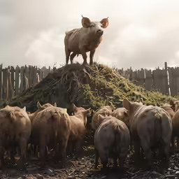 an animal standing on top of some cattle