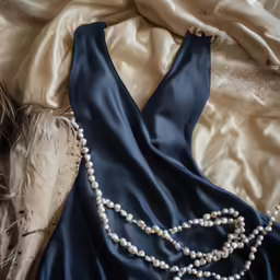 a black dress with pearl beads laying on a beige satin material